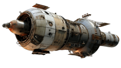 3D render of an old spaceship, floating in space against a black background, with visible engines and details in the style of an old spaceship.