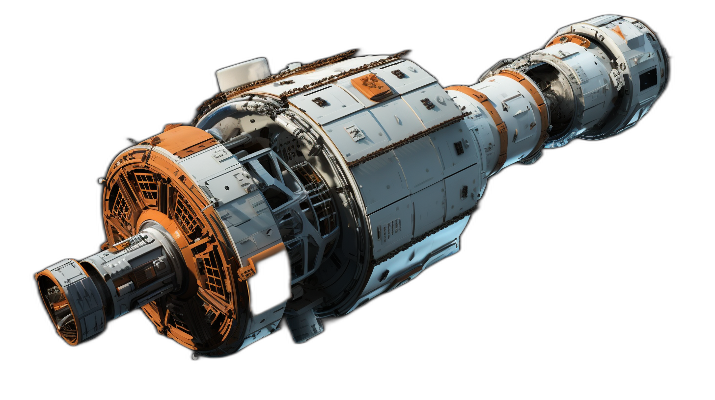 3d render of space station with engine, on black background, orange and white color scheme, perspective view, high resolution, high quality, high detail, cinematic lighting, global illumination, volumetric light, ambient occlusion, octane rendering, unreal engine