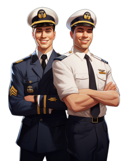 Two smiling men in navy and white pilot uniforms, in the style of digital art, cartoon realism character study, full body portrait, black background, front view, 2D game illustration