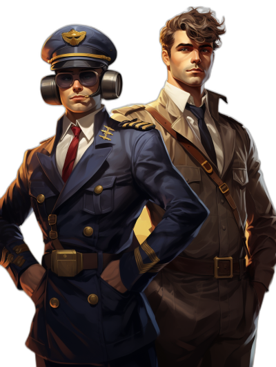 Two male characters, one is an air traffic controller in his uniform and the other character has aviator glasses on with a pilot's jacket. A full body portrait of both characters in the style of game art with a cartoon realism style on a dark background. A digital painting concept design for a game.