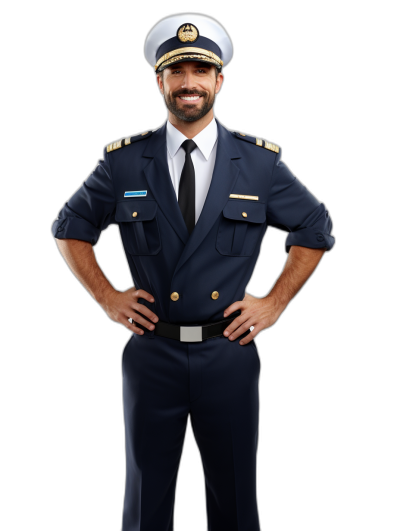 full body portrait of a smiling handsome male captain in a navy blue air force uniform with his hands on his hips, against an isolated black background, painted in the style of Persian photorealism.