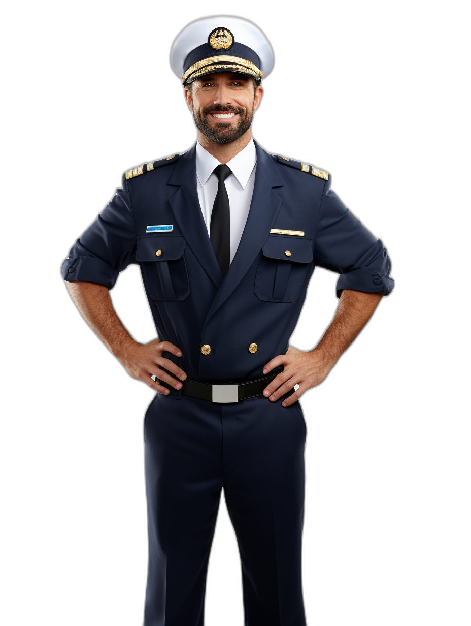 full body portrait of a smiling handsome male captain in a navy blue air force uniform with his hands on his hips, against an isolated black background, painted in the style of Persian photorealism.