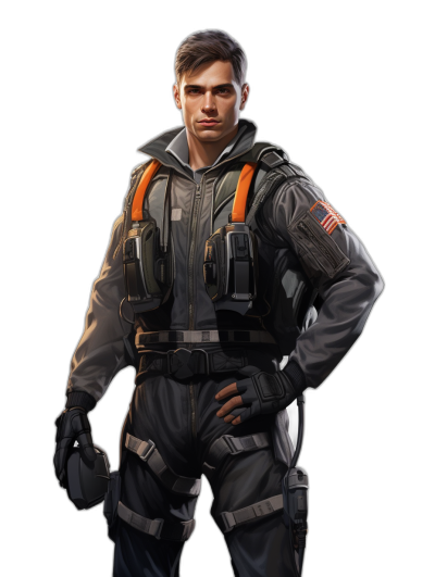 full body male character concept art of young handsome man in black and grey flight suit, orange details on the jacket , short hair with shaved sides, muscular build, black background, character design for game