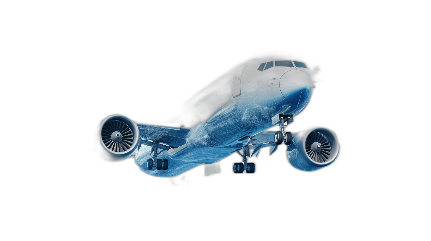 3D rendering of an airplane with air blowing out from the engine, flying in a black background, with transparent and translucent elements and blue colors, in the style of a vector illustration with an isometric view.