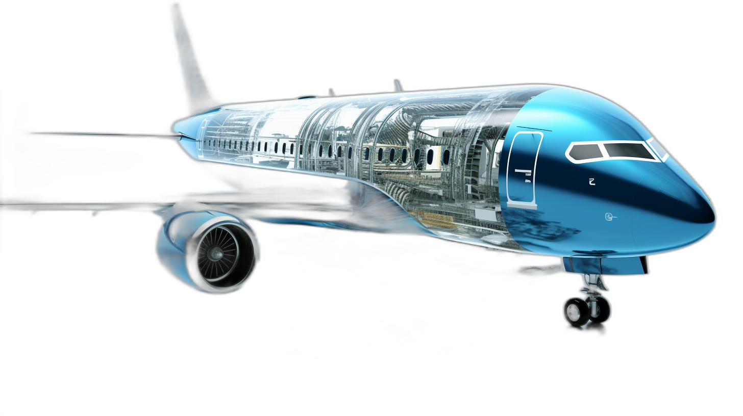 A blue transparent modern airplane with cutaway walls on the side, flying in a black background, in an isometric view, in the style of hyper realistic photography.