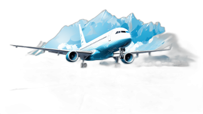 3D airplane with white and blue colors flying over icy mountains on a black background vector illustration, detailed, digital art in the style of cartoon.