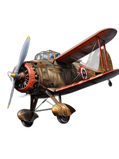 3D rendering in a cartoon style of an airplane in the air, with a black background and white space around it. The plane is made of brown metal material, featuring an old-fashioned World War II appearance with red stripes on its wings. It has no windows or visible wheels, and the engine's propeller blade should be blue to match its color scheme. This design gives off nostalgic historical vibes while maintaining simplicity and clarity for easy game aesthetics in the style of a historical World War II airplane.