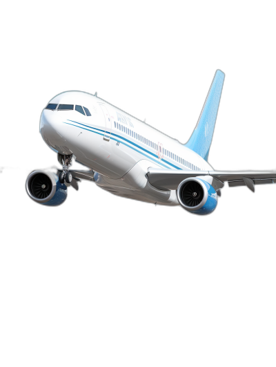 3D render of a white and blue airplane flying on a black background in a low angle shot with studio lighting, presented as high resolution photography in the style of stock imagery.