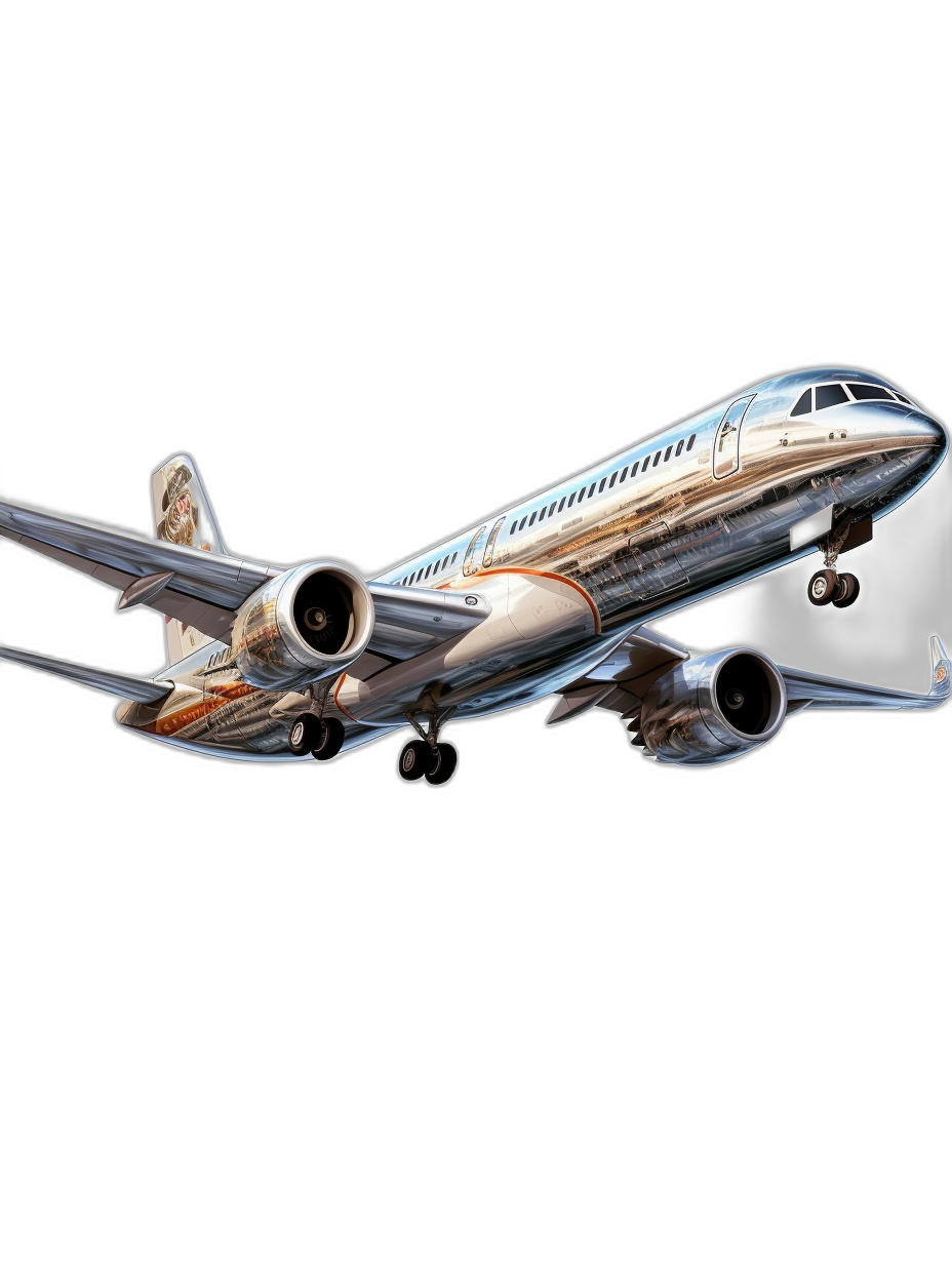 A highly detailed vector illustration of an A320 airplane in flight, cutaway side view with parts being pulled out and flying away from the plane, metallic silver finish on black background, perfect composition, clean lines, high resolution, professional photograph, hyperrealistic, studio lighting, no shadows, intricate details, HDR, octane render