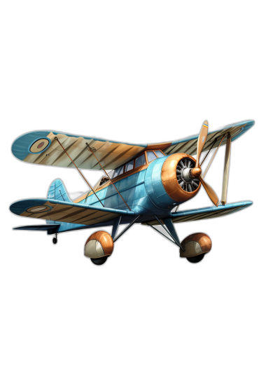 A cartoon-style biplane, designed for use in mobile games with a solid black background. The plane is painted blue and brown, with its propeller spinning gracefully against the backdrop of darkness. It is positioned at an angle that showcases both wings and body details in the style of mobile game artwork.