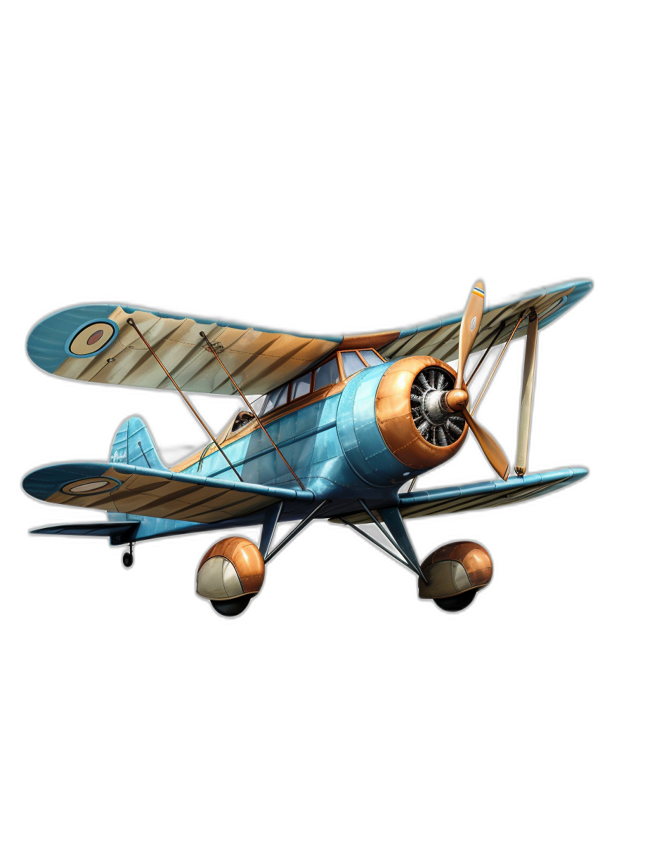 A cartoon-style biplane, designed for use in mobile games with a solid black background. The plane is painted blue and brown, with its propeller spinning gracefully against the backdrop of darkness. It is positioned at an angle that showcases both wings and body details in the style of mobile game artwork.