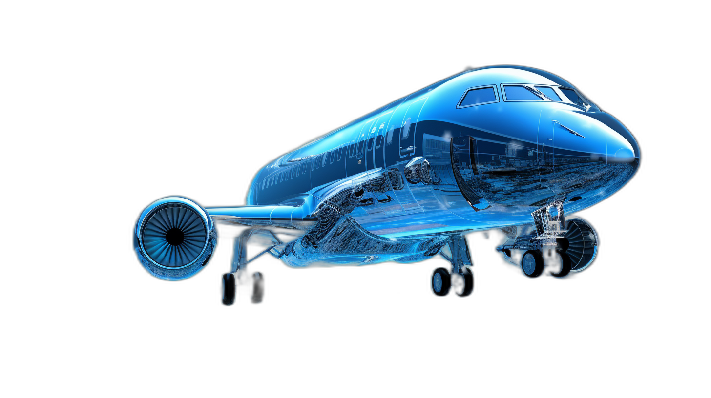 A side view of an airplane in the style of blue transparent, with detailed engine parts and a black background. The object is made from glass material, with high resolution. It has a studio lighting setup to highlight the contours and textures of its surface.