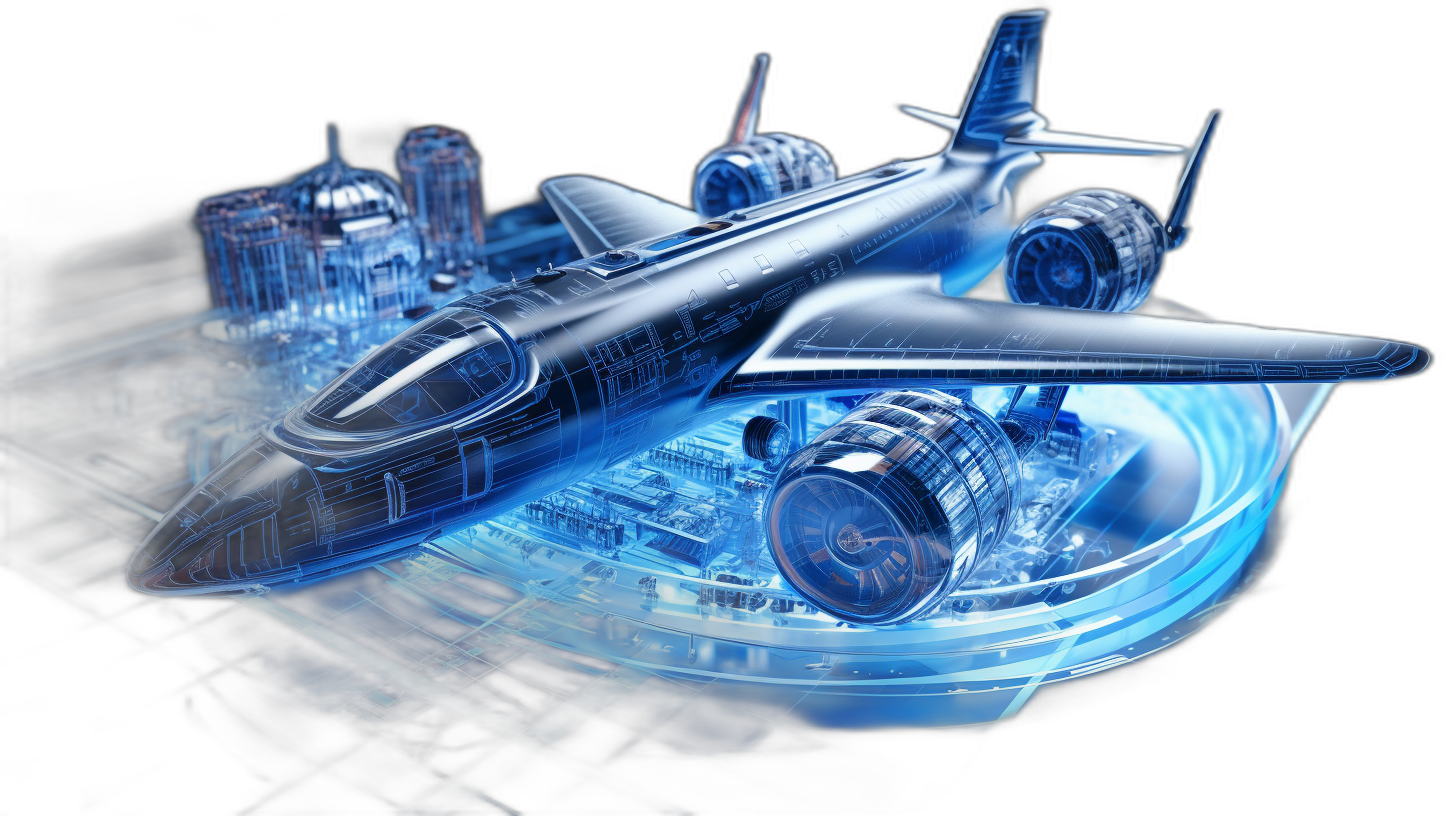 A futuristic aircraft with holographic projection, surrounded by glowing blue energy and floating mechanical parts on a black background. The plane is in the center of an abstract cityscape, symbolizing innovation and technology. High resolution 3D rendering, with detailed textures for a photorealistic effect.