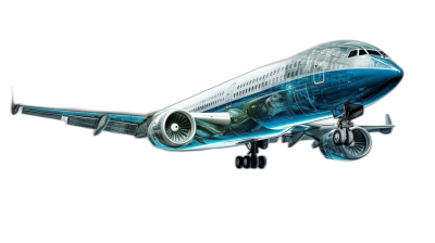 Boeing airplane in the style of xray, vector illustration in the style of vector, on black background, 3d render, high resolution, highly detailed and realistic, no blur effect