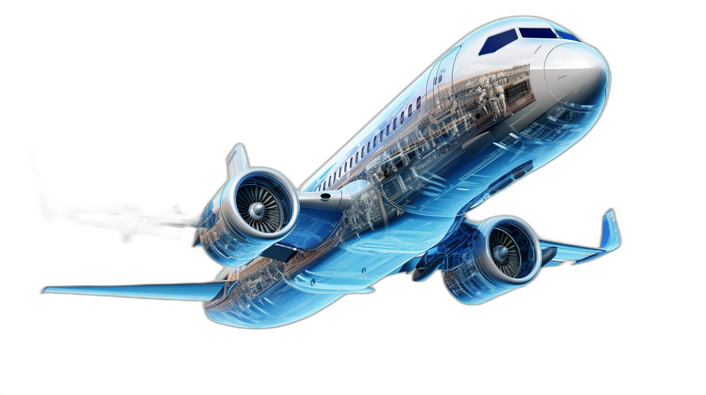 3D rendering of an airplane with engine and plane parts flying in the air on a black background, vector illustration in the style of a blue color scheme, translucent layering style, C4D icon design, white transparent frosted glass texture, layered translucency, monochrome palette.