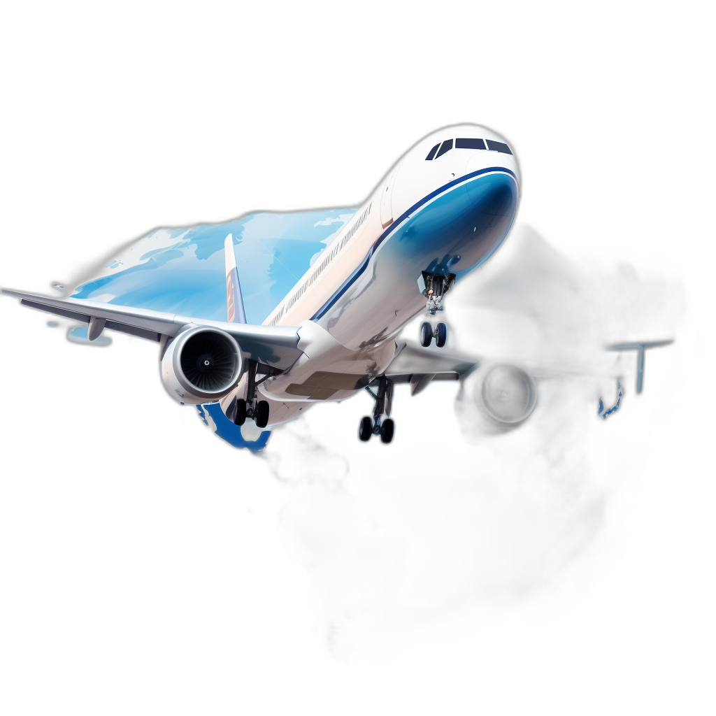 3d render of airplane flying on black background, blue and white colors, low angle shot, high resolution photography