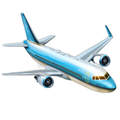 A light blue and white passenger plane, cartoon style, vector graphics, flying in the air, black background, 2D game art style, high resolution, 3d rendering, detailed character design, white gold color scheme, cartoon realism