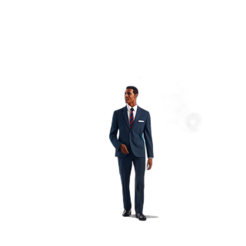 full body shot of an african american man wearing navy blue suit and red tie, standing on black background, 3d render style, pixar style, high resolution, hyper realistic