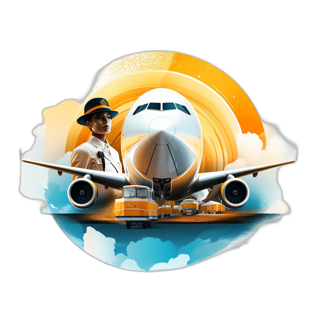 logo, vector style, air transport company logo with a cargo plane and ground staff in uniform standing next to it, yellow color palette, white background, round shape, 3D effect, black background, add some clouds around the planet, cartoon design, high resolution, highly detailed, sharp focus, illustration of a pilot man behind an airplane, water drops on the front view, a yellow truck nearby, a blue sky and sun above a flying plane in the style of different artists.