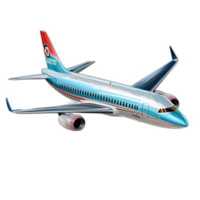 3d render of the boeing752 in light blue with red and white stripes, flying against black background, toycore style, colorful cartoonish designs, iconic album covers, photorealistic detail, toylike proportions