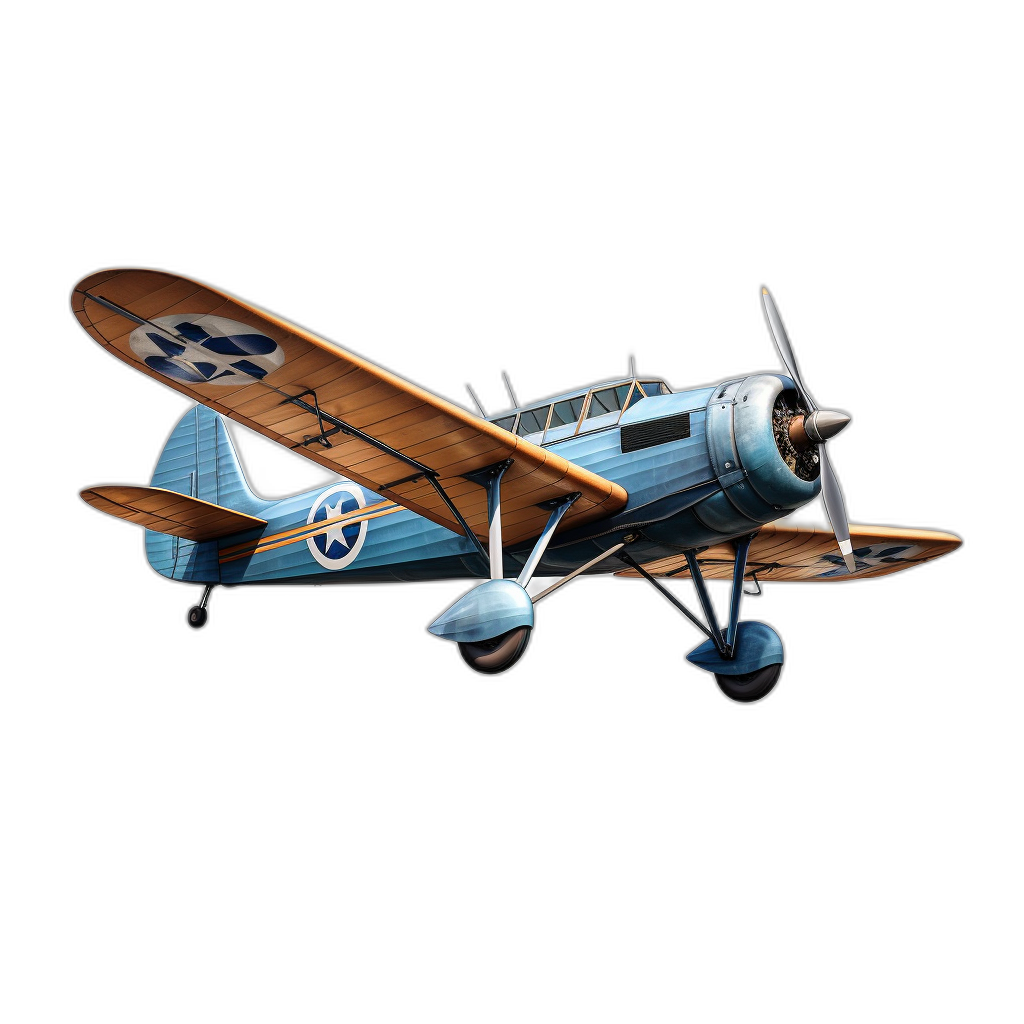 An illustration of an early American biplane from the early days of aerial combat, flying in profile view against a black background. The blue and white striped plane has two propellers on each side. It is equipped with small circular motifs around its body that resemble stars or pentacles. This style, in the style of World War II era planes, was popular for tiny winged planes like P59 cockpits during World War II.