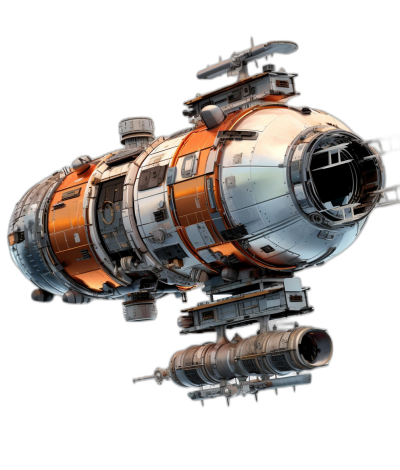 A spaceship in the shape of an orange and white retro space station, with four large engines on its back, is flying towards you from behind at low altitude. The black background features a game concept art style spaceship rendered in high resolution 3D from a front view and 45 degree side perspective.