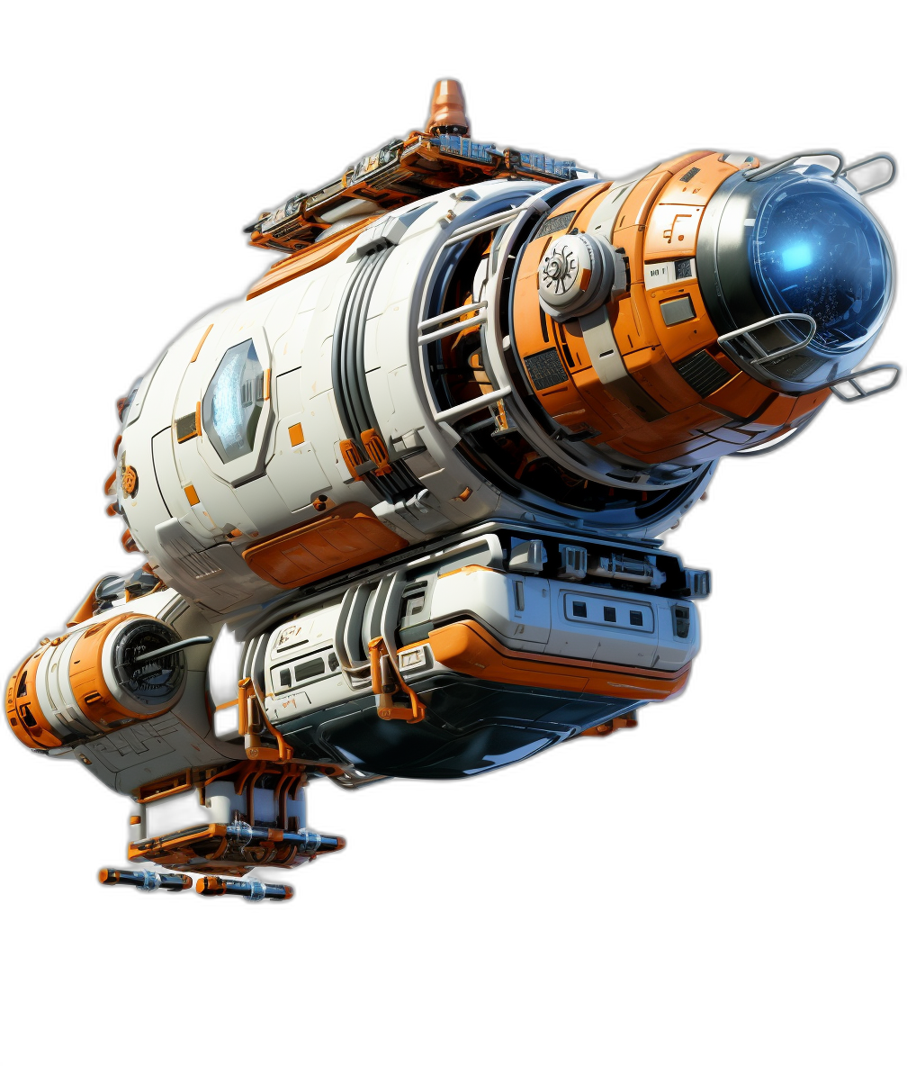 An orange and white spaceship with a black background in the style of game art, 3D rendered concept design reminiscent of Star Wars with detailed character illustrations created in zbrush and game CG with high resolution and symmetrical composition for 2d game art.