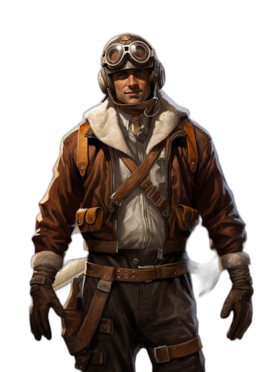 World War One pilot, brown leather jacket with white fur collar and goggles on his head, concept art for game character design, full body, black background, digital painting, in the style of concept art.