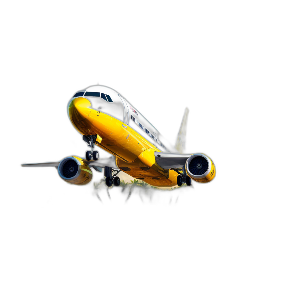 Yellow and black airplane, 3D render, black background, in the style of cartoon, high resolution photography, insanely detailed