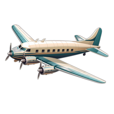 An illustration of an airplane in the style of Art Deco, with a teal and beige color palette, as a 2D game asset, on a black background.