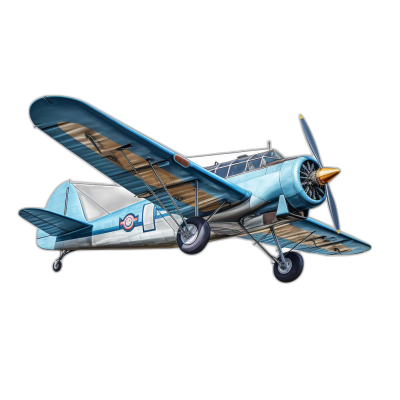 side view of an old biplane in the style of cartoonish character design, in an airbrush art style, illustration painting cute full color on a black background, with blue and silver colors.