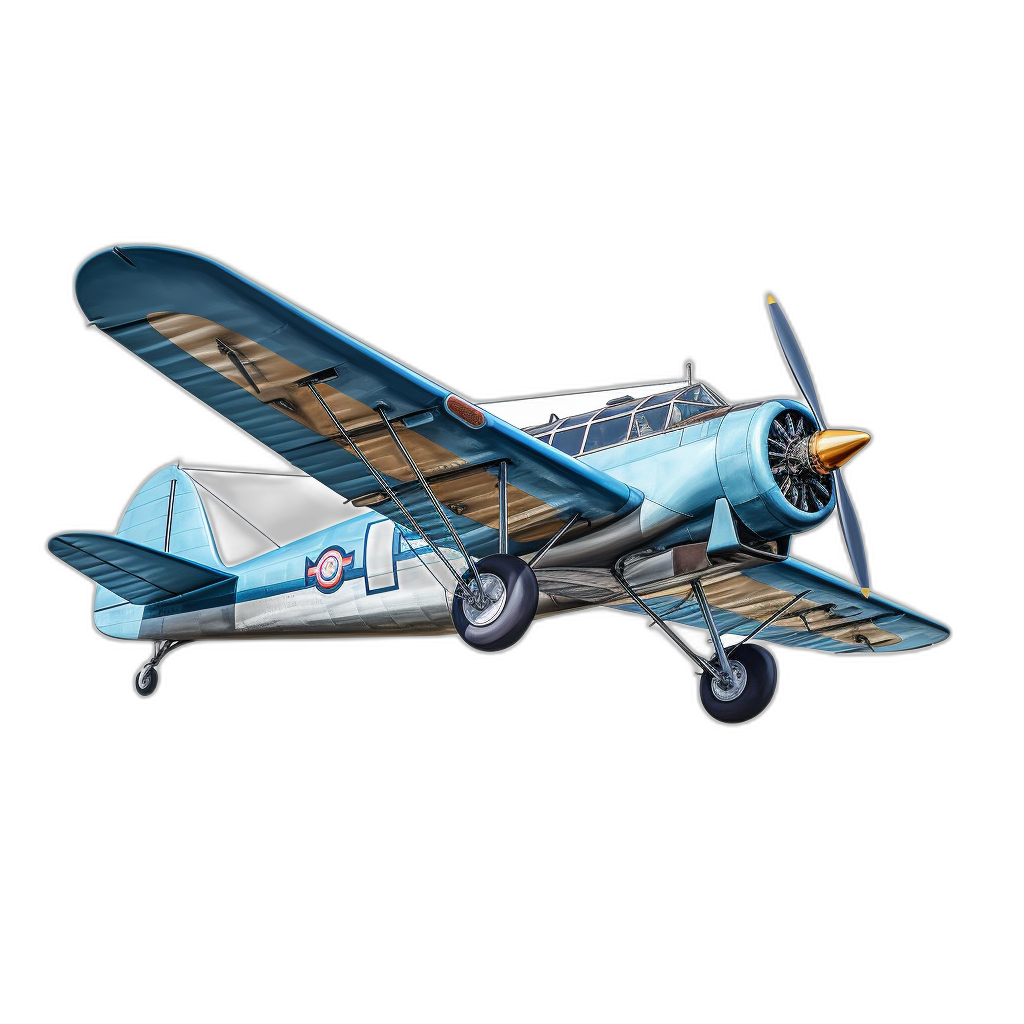 side view of an old biplane in the style of cartoonish character design, in an airbrush art style, illustration painting cute full color on a black background, with blue and silver colors.