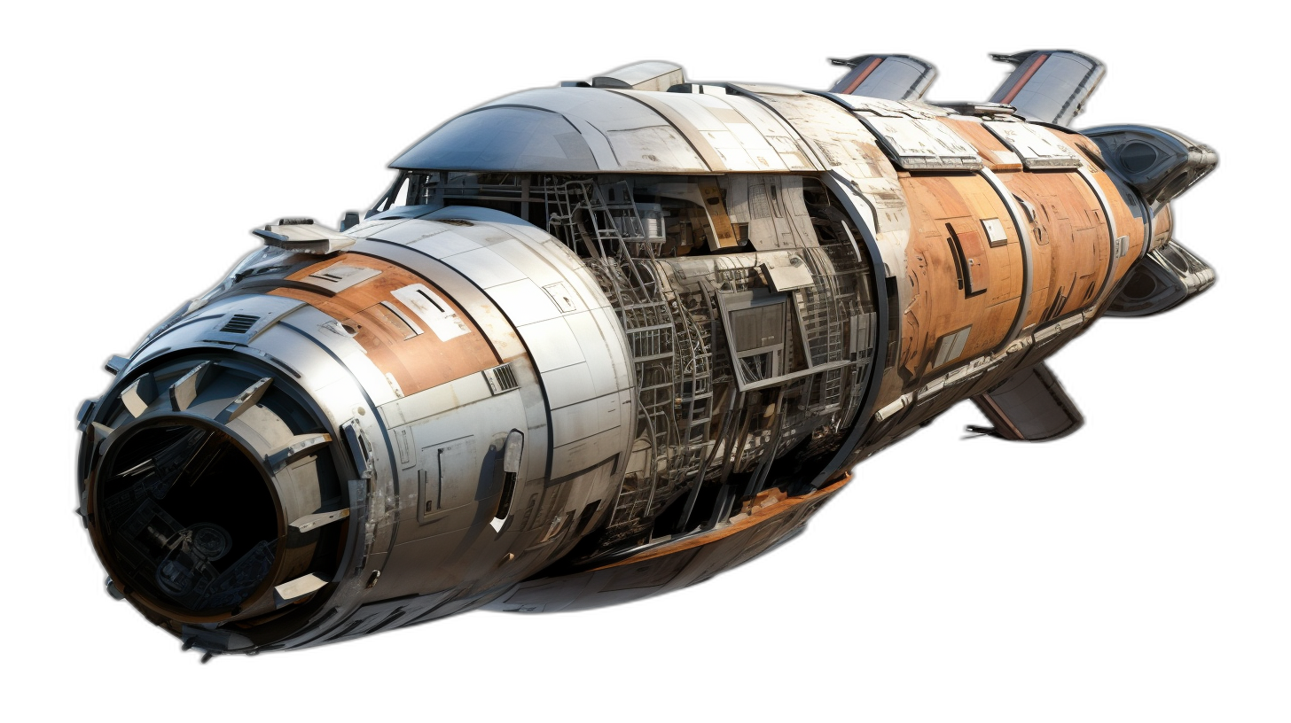 side view of the cutaway design of an old scifi spaceship, with visible interior structure and large engine, on black background, hyper realistic, hyper detailed