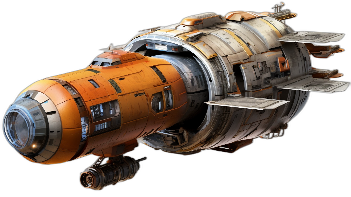 3D concept art of an industrial spaceship, round and boxy with sharp edges. A large engine is on the back. It has an orange paint job with white metal panels. Realistic lighting is used against a black background. The artwork is in the style of an industrial design.