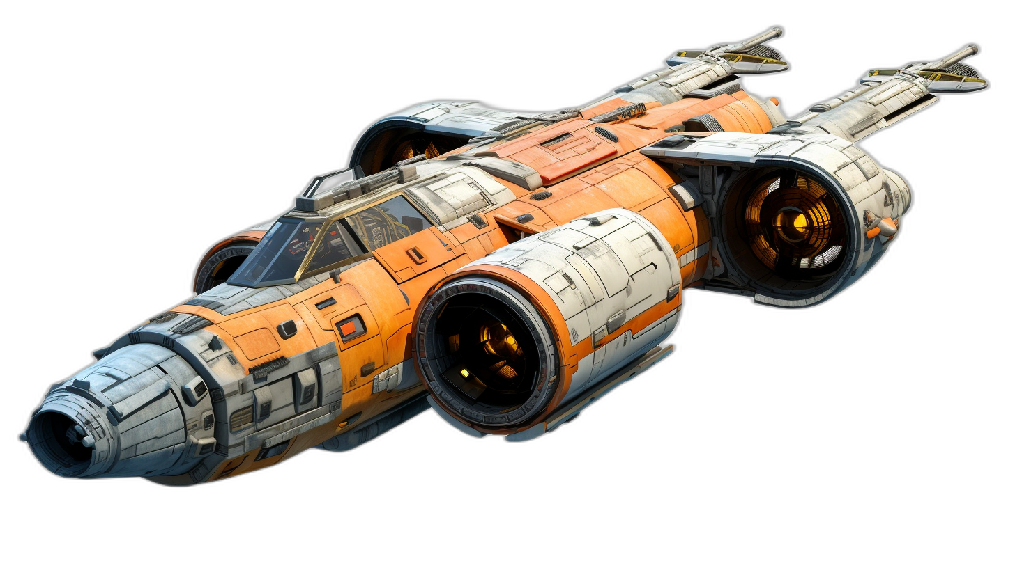 A small spaceship with two engines, an orange and white color scheme, in a scifi style, on a black background, in the style of Star Wars game art, with detailed textures of the ship, like a game scene design, with 3D rendering at an ultrahigh definition resolution, viewed at a 45 degree angle from the side.