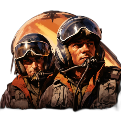 A pilot illustration with two men wearing helmets and goggles, orange flight suits, black background, in the vector art style, detailed artwork, vintage feel, dramatic lighting effect, bold colors, and high contrast to highlight the theme of intense action in aerial combat.