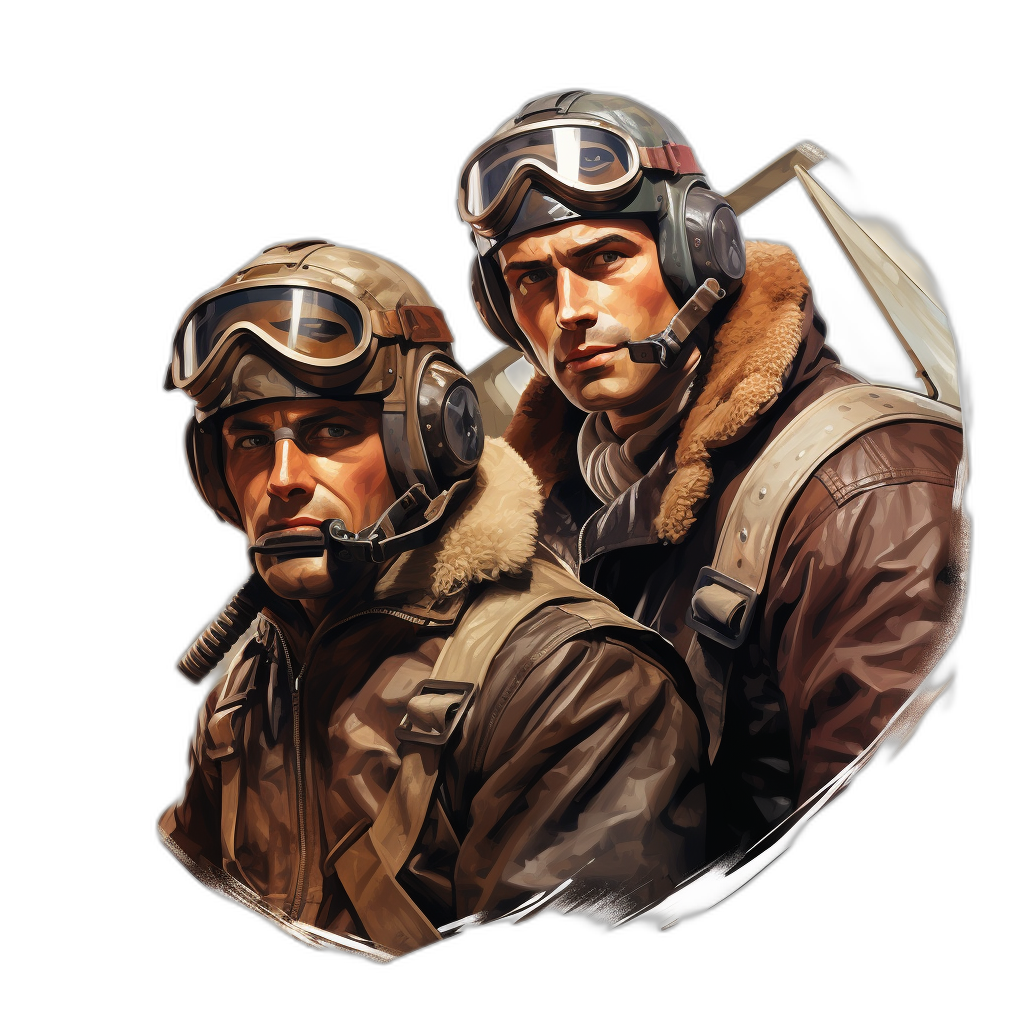 Two World War Two bomber pilots, in the vector art style of [Artgerm](https://goo.gl/search?artist%20Artgerm) and in the style of [Greg Rutkowski](https://goo.gl/search?artist%20Greg%20Rutkowski) and in the style of [Michael Komarck](https://goo.gl/search?artist%20Michael%20Komarck), sticker design logo on black background, hyperrealistic.