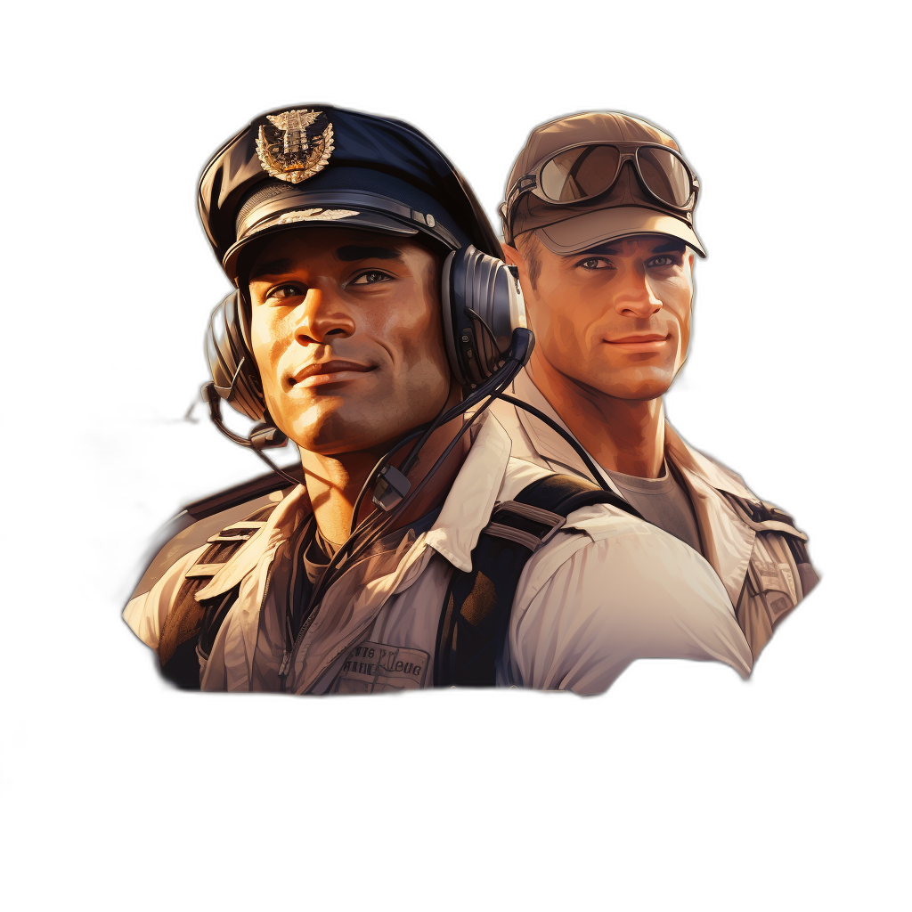 A realistic illustration of two men, one black pilot wearing his hat and headset on the left side with a white shirt and tan vest in front of him is another man who looks like Tom Cruise dressed as an aviator in the style of the Maverick movie, both smiling looking at the camera, isolated against a flat solid black background, high resolution, design graphic for a tshirt print on dark fabric.