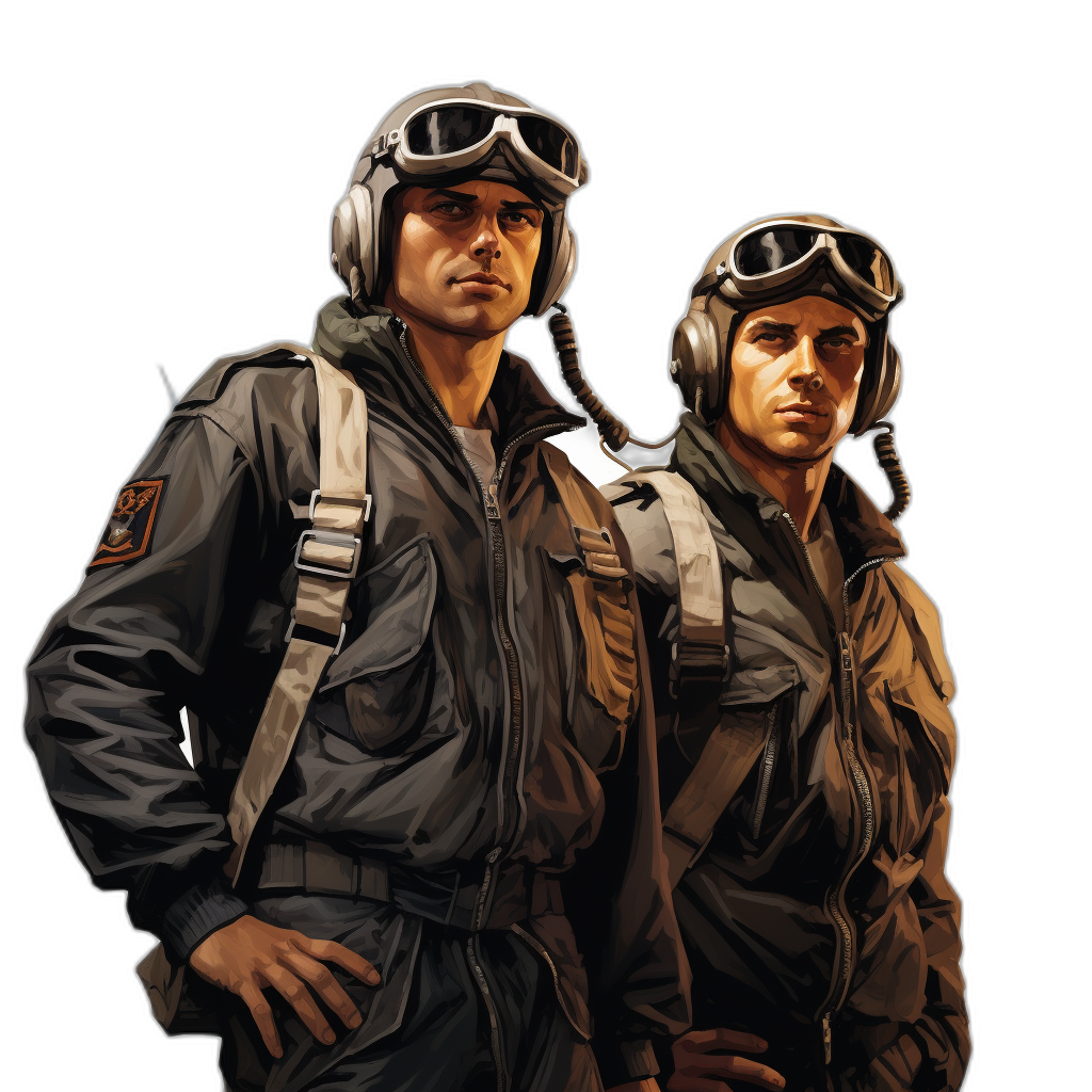 Illustration of two men in fighter pilot uniforms, standing next to each other and looking at the camera with serious expressions on their faces, black background, full body portrait, high detail