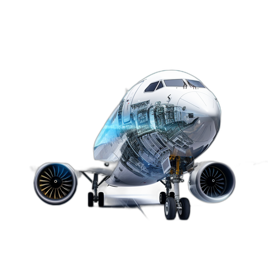 3d rendering of an airplane with the engine and wing being used for illustration on black background, transparent technology sense, white blue color scheme, industrial design, glass texture, plane symmetry, ultra high definition resolution, super detail, high quality, c4d, blender, oc renderer,