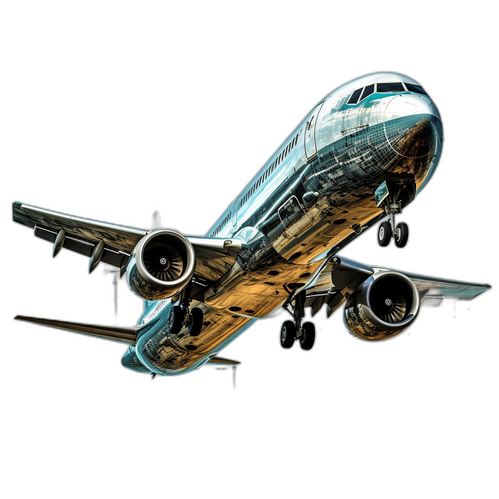 3D render of a Boeing airplane in flight, front view, vector illustration, in the style of airbrush art, isolated on a black background, detailed, watercolor style, high resolution, professional photograph, clear sharp focus, hyper realistic style, cinematic lighting