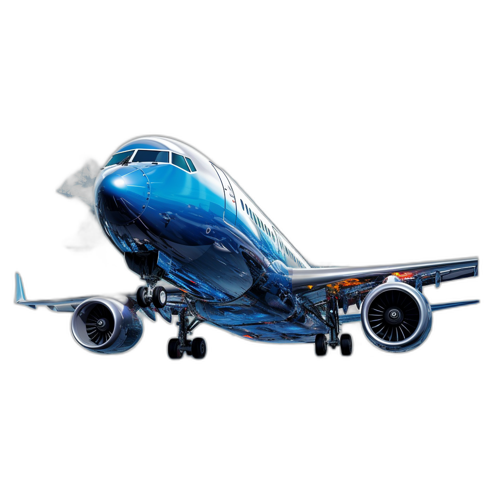 A blue boeing airplane is flying in the air, with an engine and wings on a black background, a detailed painting in the style of a colorful cartoon, a hyperrealistic photograph with rich details of the plane in a side view at high resolution with no light effects.