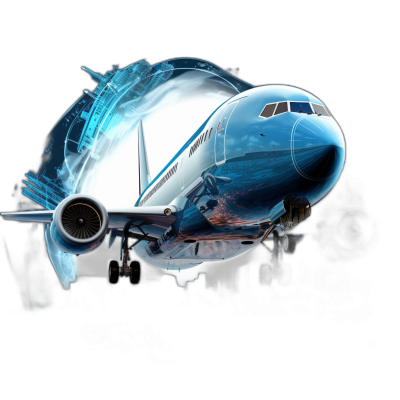 An illustration of a Boeing airplane with its engine and wings in motion, against a black background. The design should have blue color tones and white highlights. In front of it is depicted a digital data visualization of various symbols representing global travel such as cityscapes, compasses, sea waves, plane paths, etc., with dynamic light effects. This artwork will symbolize air travel's impact on diverse cultures around the world, in the style of data visualization.