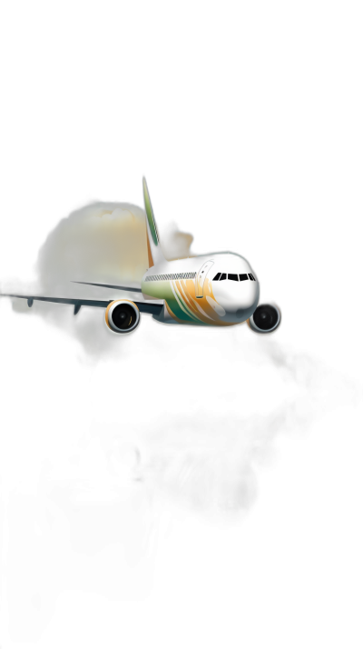 A digital illustration of an Indian airplane flying with smoke coming out from the engine, on black background. The plane is white and green in color, while the cloud has yellowish tones. It's in motion against a dark backdrop. In the style of cartoon or anime art.