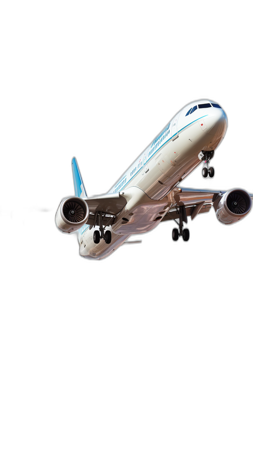 3d render of airplane flying, white and blue livery, black background, high resolution, ultra realistic photography