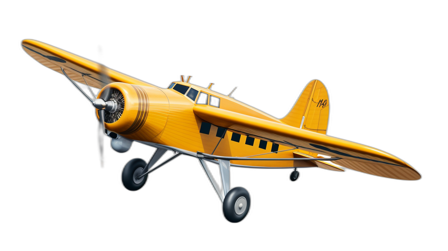 3d rendering of yellow antique airplane isolated on black background, cartoon style, colorful illustration, airbrush art style, watercolor, vibrant colors, detailed illustrations, clipart no text , high resolution, clear sharp focus, hyperdetailed