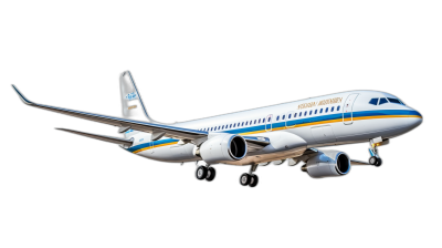 Photorealistic photo of an airplane flying with the white, blue and yellow livery in the style of iiihinged black background.