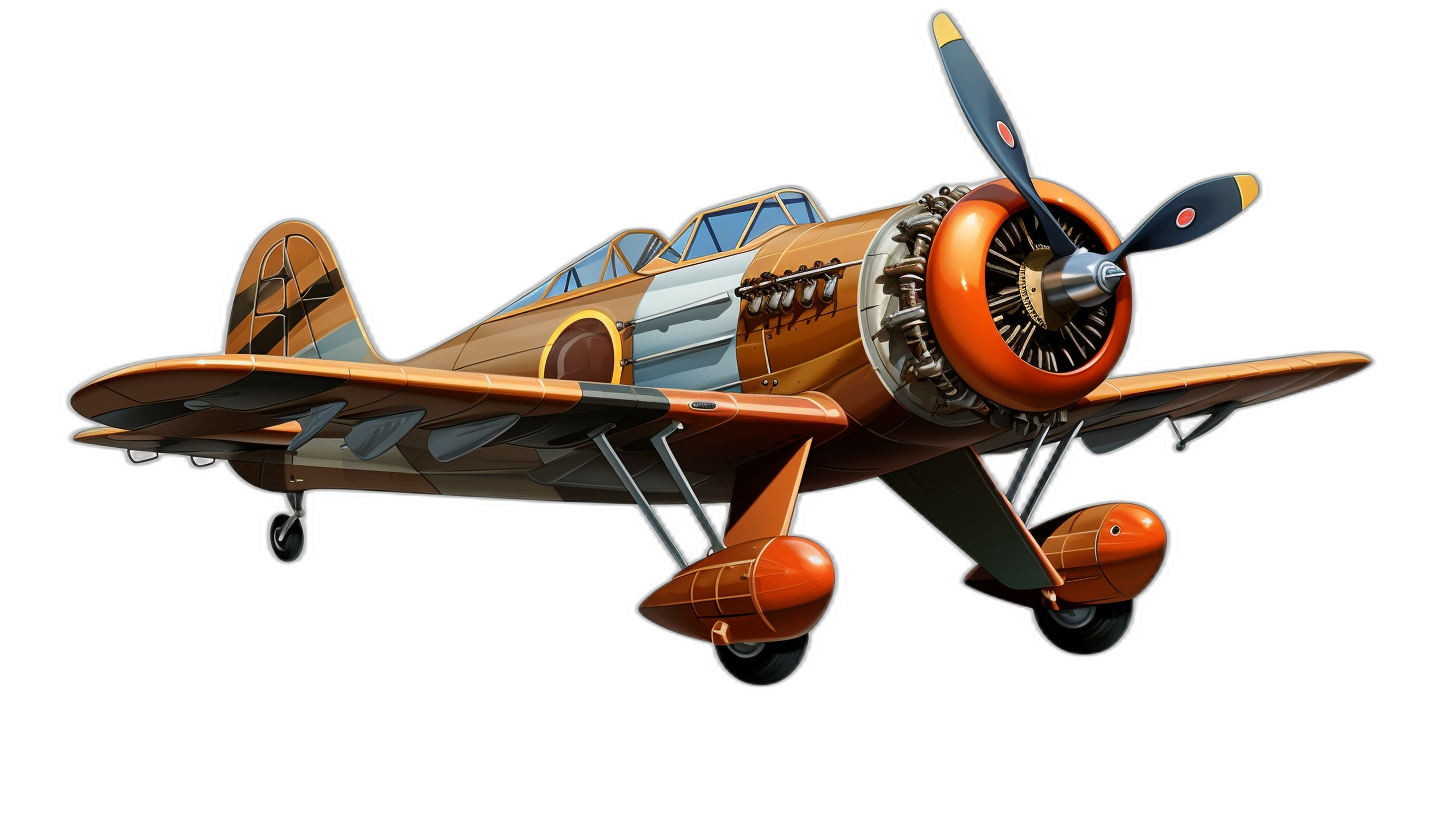 A brown and orange biplane with one propeller in the style of a cartoon on a black background, a 3d rendering with realism details, caricaturelike illustrations in colorful illustrations, high quality photorealistic portraits in the style of full body shots.