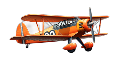 3D cartoon orange biplane on a black background in the style of game art.