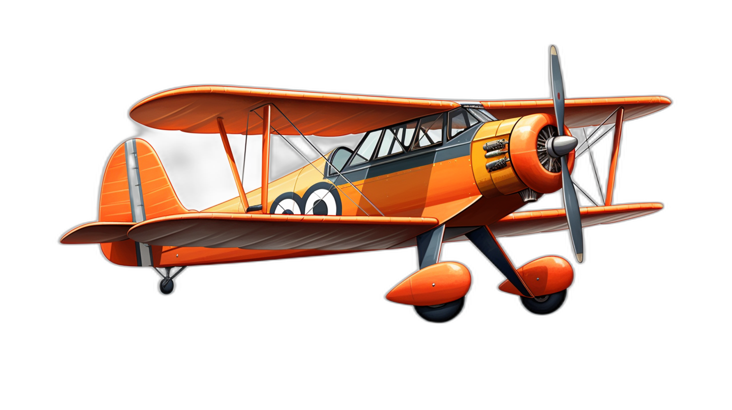 3D cartoon orange biplane on a black background in the style of game art.